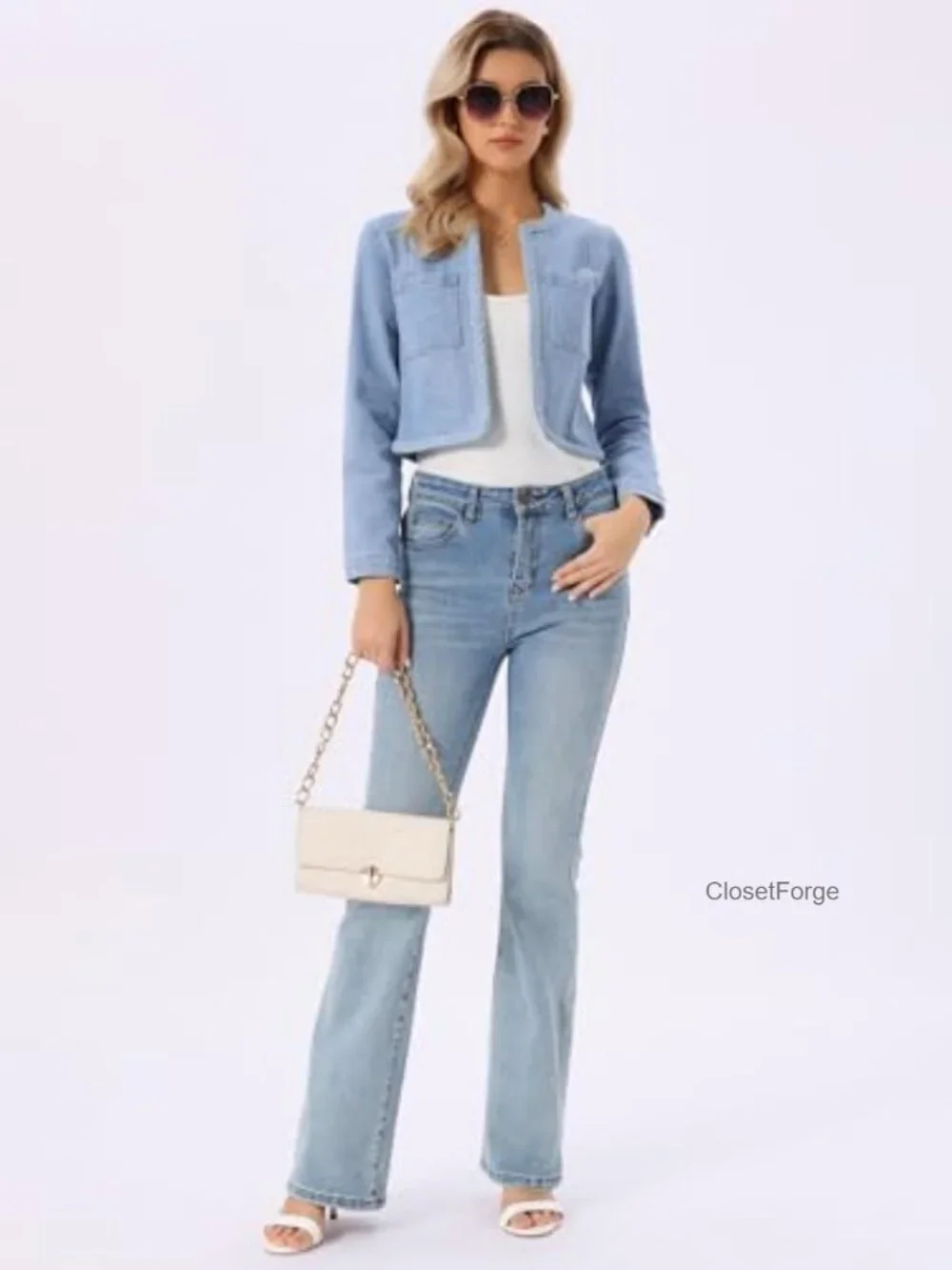 Collarless Denim Jacket - Cropped Long Sleeve Open Front